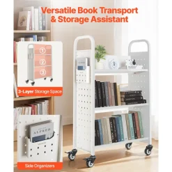 VEVOR Rolling Library Book Cart, 330 lbs Capacity, 30.3 x 15 x 48.0-Inch Library Cart, Single Sided V-Shaped Shelves with 3-Inch Lockable Wheels, Book Truck for Home Shelves Office and School, White