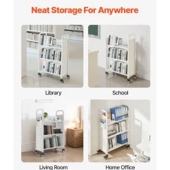 VEVOR Rolling Library Book Cart, 330 lbs Capacity, 30.3 x 15 x 48.0-Inch Library Cart, Single Sided V-Shaped Shelves with 3-Inch Lockable Wheels, Book Truck for Home Shelves Office and School, White