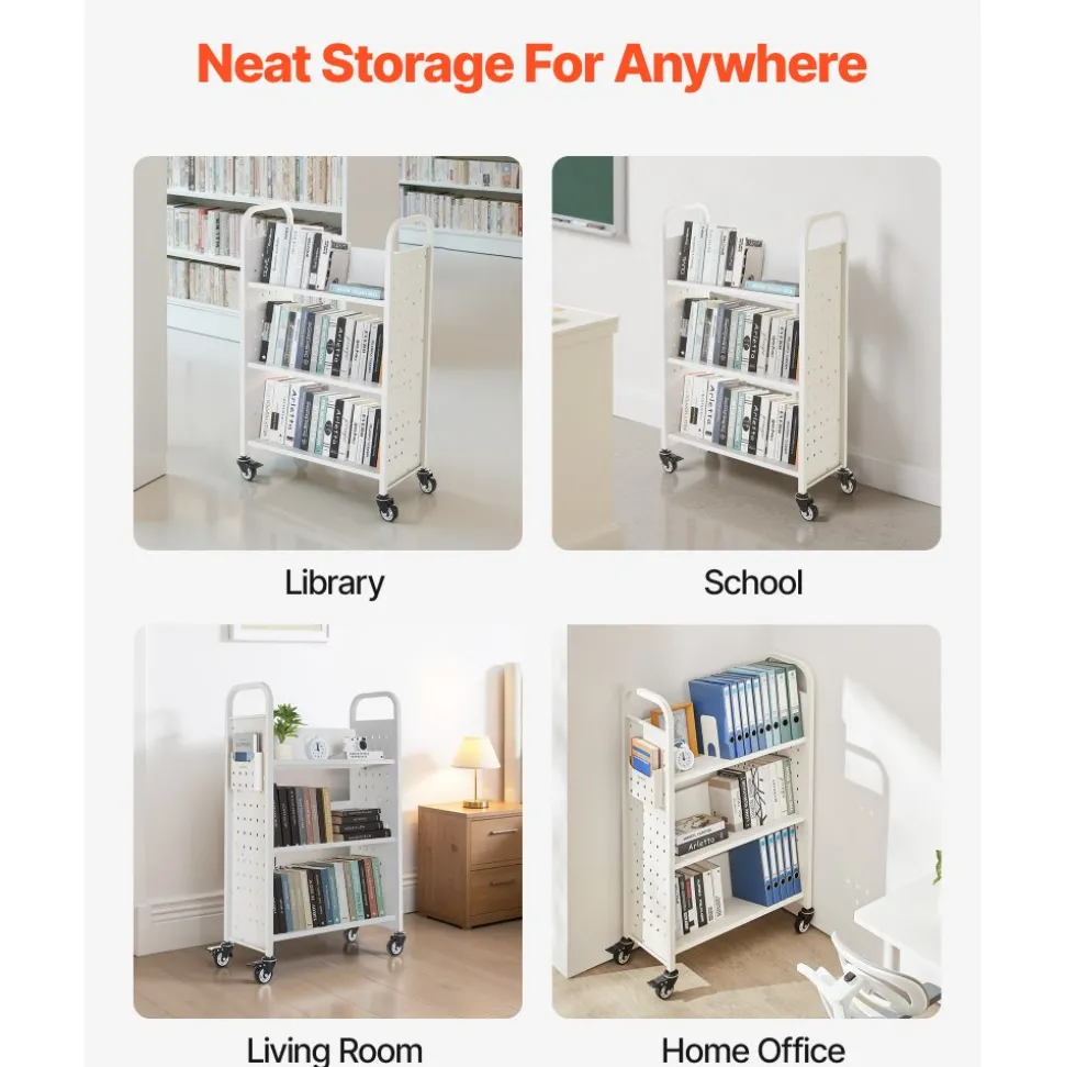 VEVOR Rolling Library Book Cart, 330 lbs Capacity, 30.3 x 15 x 48.0-Inch Library Cart, Single Sided V-Shaped Shelves with 3-Inch Lockable Wheels, Book Truck for Home Shelves Office and School, White