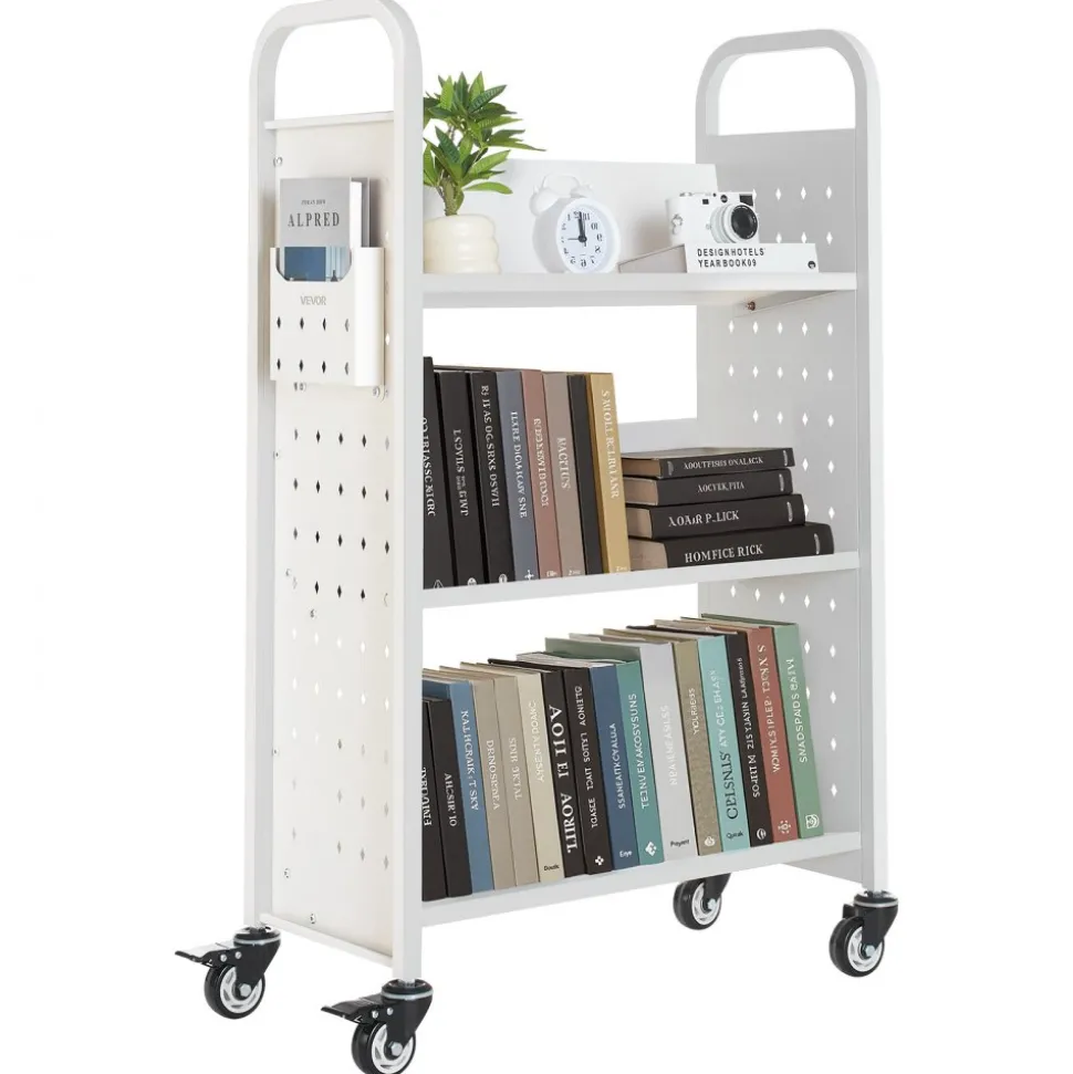 VEVOR Rolling Library Book Cart, 330 lbs Capacity, 30.3 x 15 x 48.0-Inch Library Cart, Single Sided V-Shaped Shelves with 3-Inch Lockable Wheels, Book Truck for Home Shelves Office and School, White