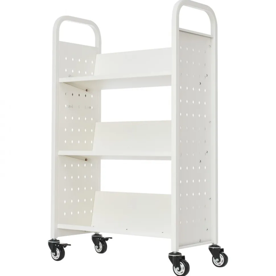VEVOR Rolling Library Book Cart, 330 lbs Capacity, 30.3 x 15 x 48.0-Inch Library Cart, Single Sided V-Shaped Shelves with 3-Inch Lockable Wheels, Book Truck for Home Shelves Office and School, White