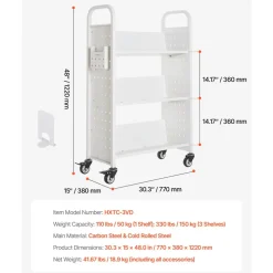VEVOR Rolling Library Book Cart, 330 lbs Capacity, 30.3 x 15 x 48.0-Inch Library Cart, Single Sided V-Shaped Shelves with 3-Inch Lockable Wheels, Book Truck for Home Shelves Office and School, White