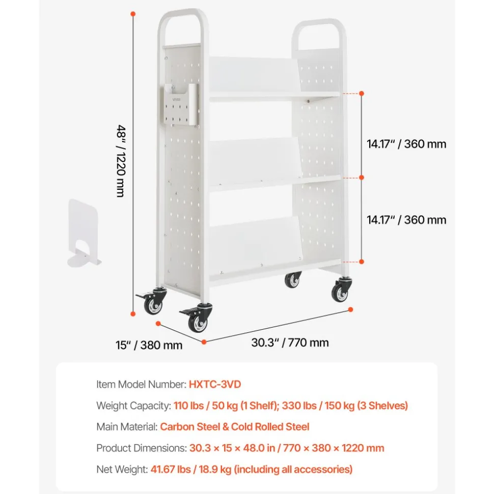 VEVOR Rolling Library Book Cart, 330 lbs Capacity, 30.3 x 15 x 48.0-Inch Library Cart, Single Sided V-Shaped Shelves with 3-Inch Lockable Wheels, Book Truck for Home Shelves Office and School, White