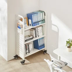 VEVOR Rolling Library Book Cart, 330 lbs Capacity, 30.3 x 15 x 48.0-Inch Library Cart, Single Sided V-Shaped Shelves with 3-Inch Lockable Wheels, Book Truck for Home Shelves Office and School, White