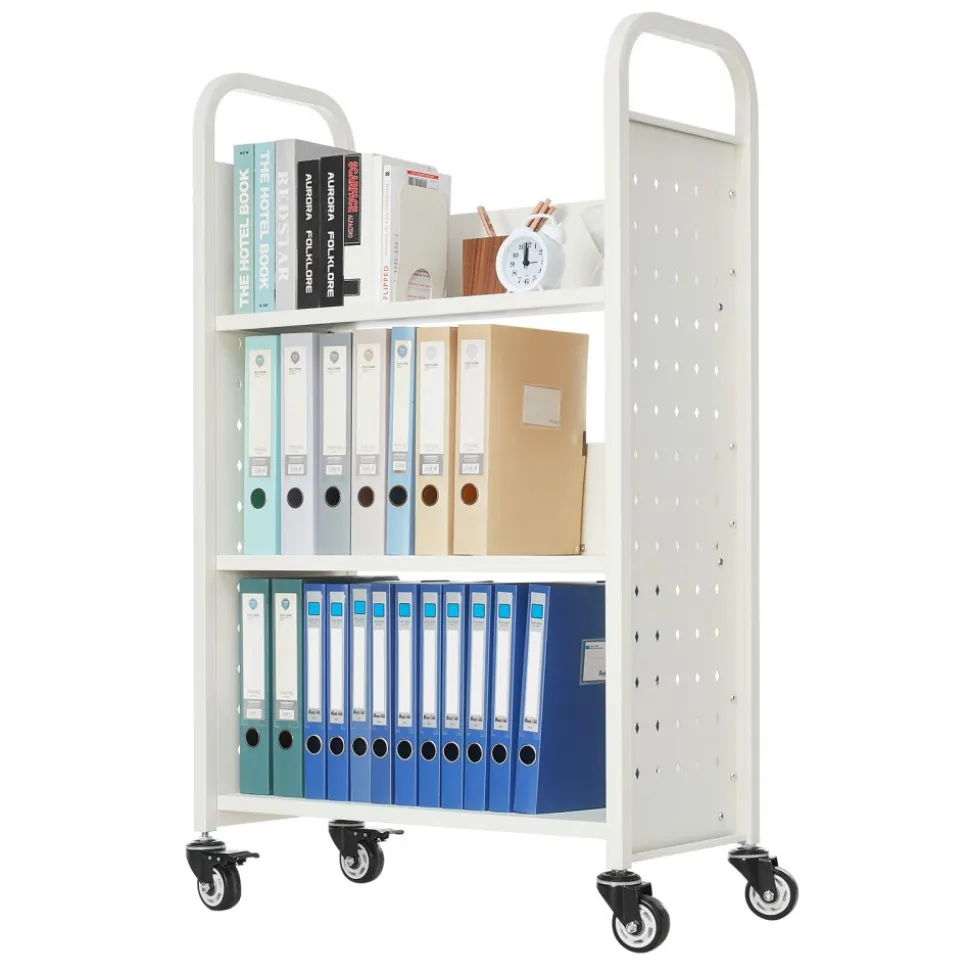 VEVOR Rolling Library Book Cart, 330 lbs Capacity, 30.3 x 15 x 48.0-Inch Library Cart, Single Sided L-Shaped Shelves with 3-Inch Lockable Wheels, Book Truck for Home Shelves Office and School, White