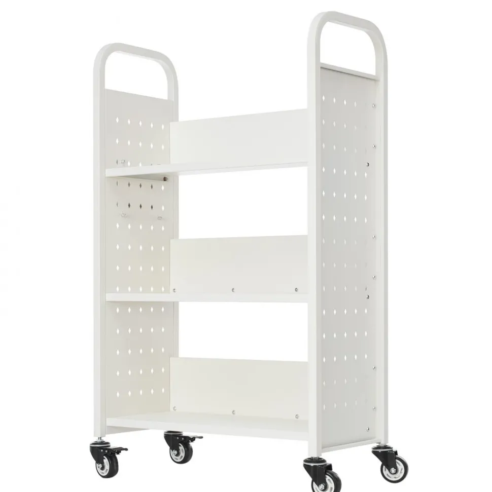 VEVOR Rolling Library Book Cart, 330 lbs Capacity, 30.3 x 15 x 48.0-Inch Library Cart, Single Sided L-Shaped Shelves with 3-Inch Lockable Wheels, Book Truck for Home Shelves Office and School, White