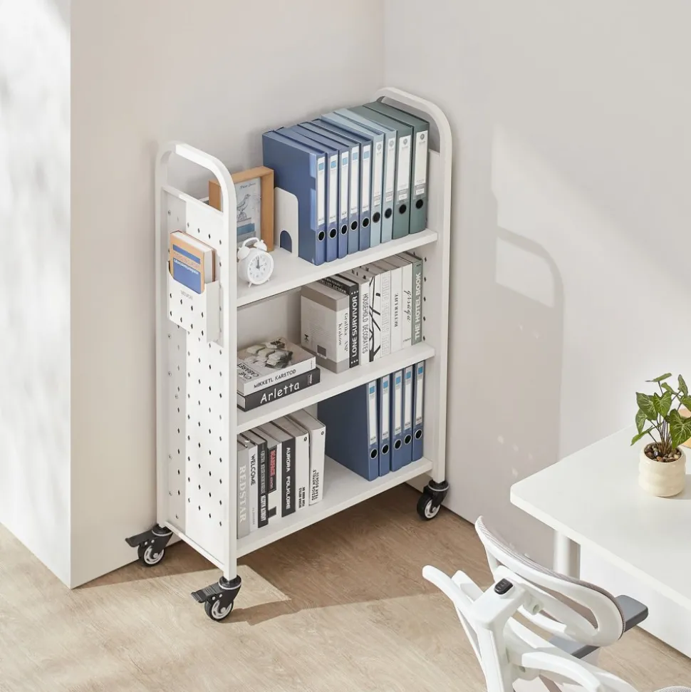 VEVOR Rolling Library Book Cart, 330 lbs Capacity, 30.3 x 15 x 48.0-Inch Library Cart, Single Sided L-Shaped Shelves with 3-Inch Lockable Wheels, Book Truck for Home Shelves Office and School, White