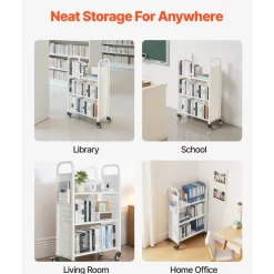 VEVOR Rolling Library Book Cart, 330 lbs Capacity, 30.3 x 15 x 48.0-Inch Library Cart, Single Sided L-Shaped Shelves with 3-Inch Lockable Wheels, Book Truck for Home Shelves Office and School, White