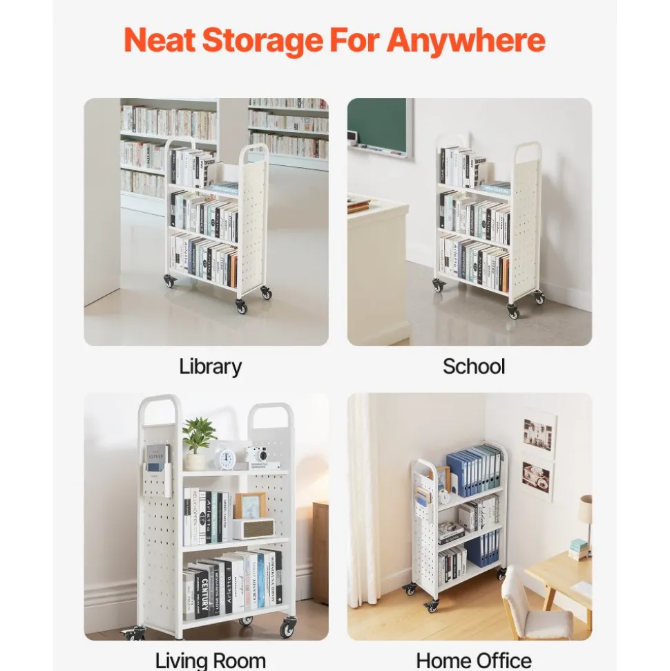 VEVOR Rolling Library Book Cart, 330 lbs Capacity, 30.3 x 15 x 48.0-Inch Library Cart, Single Sided L-Shaped Shelves with 3-Inch Lockable Wheels, Book Truck for Home Shelves Office and School, White