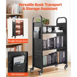 VEVOR Rolling Library Book Cart, 330 lbs Capacity, 30.3 x 15 x 48.0-Inch Library Cart, Single Sided L-Shaped Shelves with 3-Inch Lockable Wheels, Book Truck for Home Shelves Office and School, Black