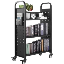 VEVOR Rolling Library Book Cart, 330 lbs Capacity, 30.3 x 15 x 48.0-Inch Library Cart, Single Sided L-Shaped Shelves with 3-Inch Lockable Wheels, Book Truck for Home Shelves Office and School, Black