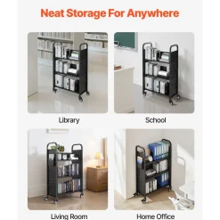 VEVOR Rolling Library Book Cart, 330 lbs Capacity, 30.3 x 15 x 48.0-Inch Library Cart, Single Sided L-Shaped Shelves with 3-Inch Lockable Wheels, Book Truck for Home Shelves Office and School, Black