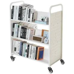 VEVOR Rolling Library Book Cart, 330 lbs Capacity, 38.2 x 20.3 x 48.2-Inch Library Cart, Double Sided W-Shaped Shelves with 3-Inch Lockable Wheels, Book Truck for Home Shelves Office and School, White
