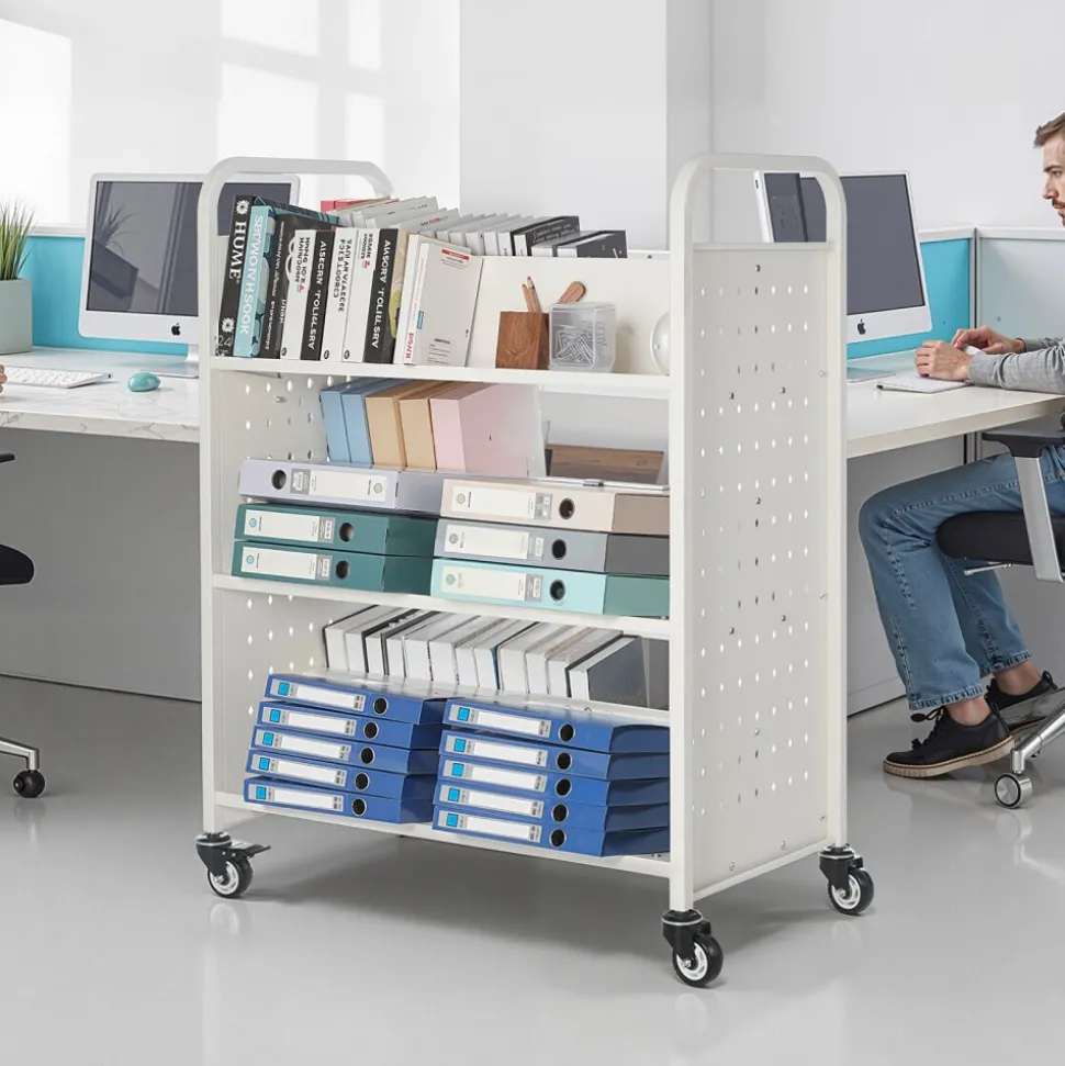 VEVOR Rolling Library Book Cart, 150 lbs Capacity, 17.7 x 13.0 x 34.6-Inch Library Cart, Double Sided L-Shaped Shelves with 2-Inch Lockable Wheels, Book Truck for Home Shelves Office and School, Black