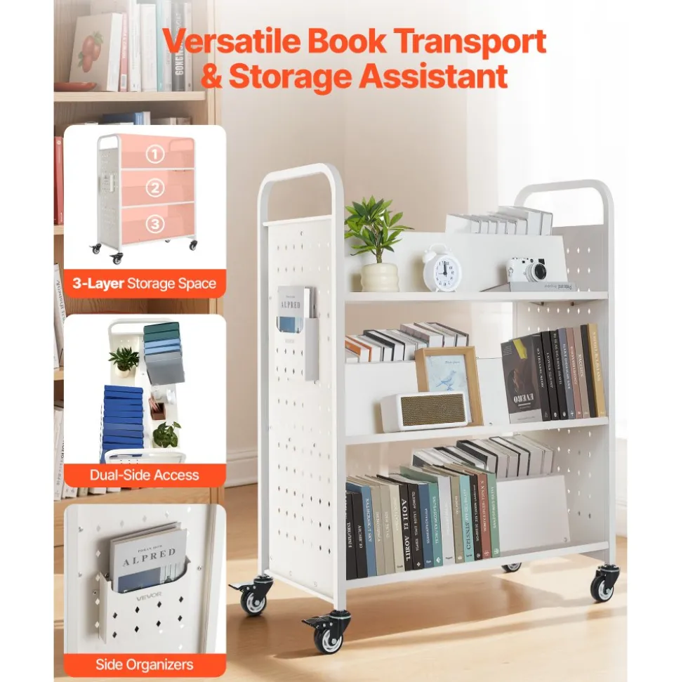 VEVOR Rolling Library Book Cart, 150 lbs Capacity, 17.7 x 13.0 x 34.6-Inch Library Cart, Double Sided L-Shaped Shelves with 2-Inch Lockable Wheels, Book Truck for Home Shelves Office and School, Black