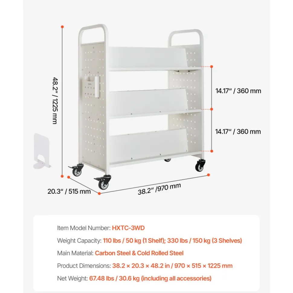 VEVOR Rolling Library Book Cart, 150 lbs Capacity, 17.7 x 13.0 x 34.6-Inch Library Cart, Double Sided L-Shaped Shelves with 2-Inch Lockable Wheels, Book Truck for Home Shelves Office and School, Black
