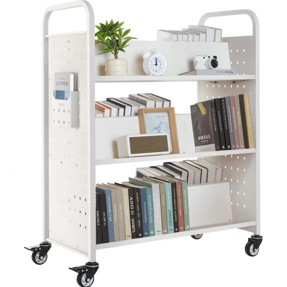 VEVOR Rolling Library Book Cart, 150 lbs Capacity, 17.7 x 13.0 x 34.6-Inch Library Cart, Double Sided L-Shaped Shelves with 2-Inch Lockable Wheels, Book Truck for Home Shelves Office and School, Black