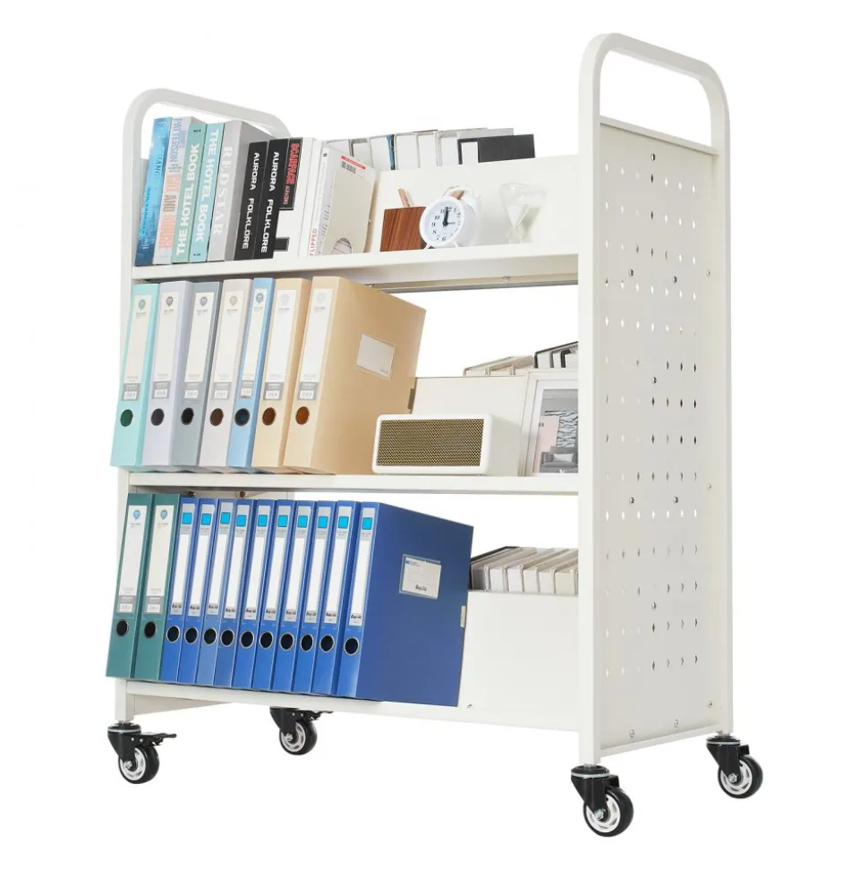 VEVOR Rolling Library Book Cart, 150 lbs Capacity, 17.7 x 13.0 x 34.6-Inch Library Cart, Double Sided L-Shaped Shelves with 2-Inch Lockable Wheels, Book Truck for Home Shelves Office and School, Black
