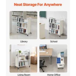 VEVOR Rolling Library Book Cart, 150 lbs Capacity, 17.7 x 13.0 x 34.6-Inch Library Cart, Double Sided L-Shaped Shelves with 2-Inch Lockable Wheels, Book Truck for Home Shelves Office and School, Black