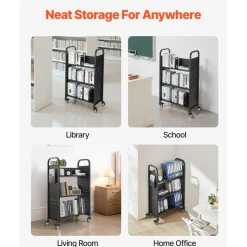 VEVOR Rolling Library Book Cart, 330 lbs Capacity, 30.3 x 15 x 48.0-Inch Library Cart, Single Sided V-Shaped Shelves with 3-Inch Lockable Wheels, Book Truck for Home Shelves Office and School, Black