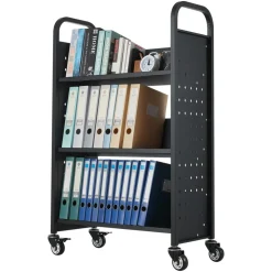VEVOR Rolling Library Book Cart, 330 lbs Capacity, 30.3 x 15 x 48.0-Inch Library Cart, Single Sided V-Shaped Shelves with 3-Inch Lockable Wheels, Book Truck for Home Shelves Office and School, Black