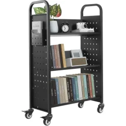 VEVOR Rolling Library Book Cart, 330 lbs Capacity, 30.3 x 15 x 48.0-Inch Library Cart, Single Sided V-Shaped Shelves with 3-Inch Lockable Wheels, Book Truck for Home Shelves Office and School, Black