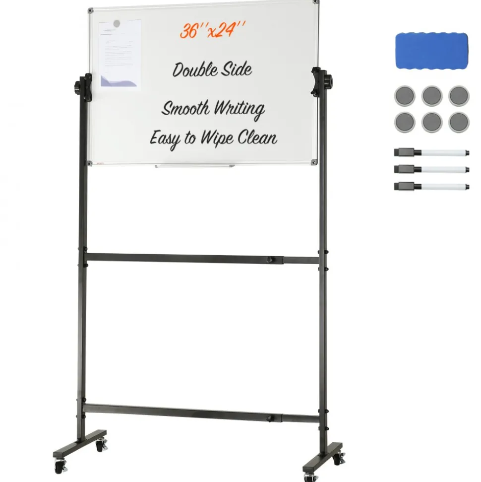 VEVOR Rolling Magnetic Whiteboard, Double-sided Mobile Whiteboard 36x24 Inches, Adjustable Height Dry Erase Board with Wheels, 1 Magnetic Erase & 3 Dry Erase Markers & Movable Tray Office, School