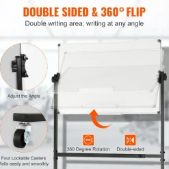 VEVOR Rolling Magnetic Whiteboard, Double-sided Mobile Whiteboard 36x24 Inches, Adjustable Height Dry Erase Board with Wheels, 1 Magnetic Erase & 3 Dry Erase Markers & Movable Tray Office, School