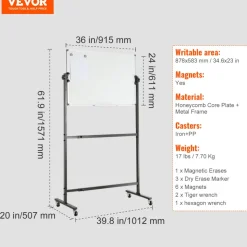 VEVOR Rolling Magnetic Whiteboard, Double-sided Mobile Whiteboard 36x24 Inches, Adjustable Height Dry Erase Board with Wheels, 1 Magnetic Erase & 3 Dry Erase Markers & Movable Tray Office, School