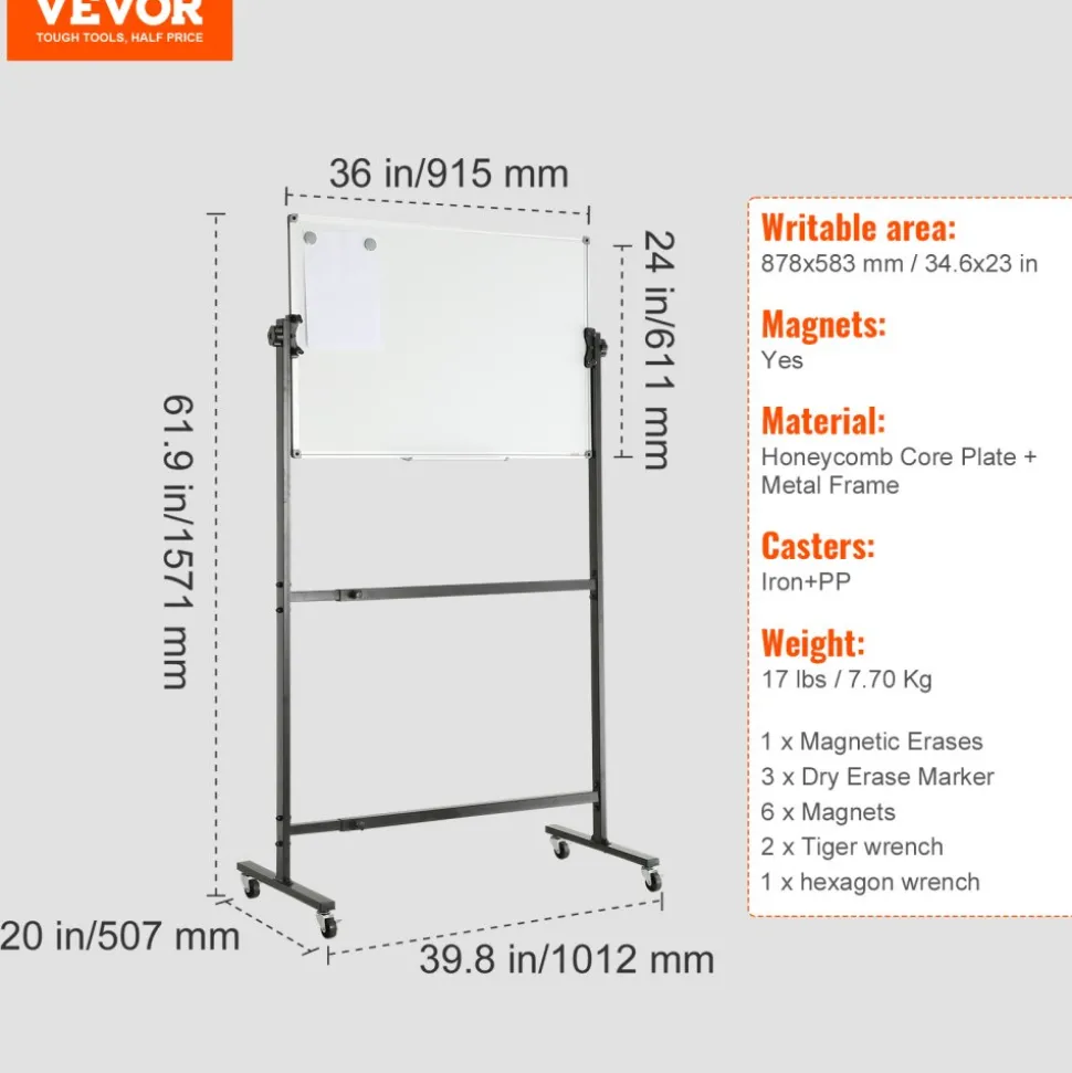 VEVOR Rolling Magnetic Whiteboard, Double-sided Mobile Whiteboard 36x24 Inches, Adjustable Height Dry Erase Board with Wheels, 1 Magnetic Erase & 3 Dry Erase Markers & Movable Tray Office, School
