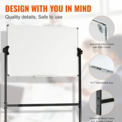 VEVOR Rolling Magnetic Whiteboard, Double-sided Mobile Whiteboard 36x24 Inches, Adjustable Height Dry Erase Board with Wheels, 1 Magnetic Erase & 3 Dry Erase Markers & Movable Tray Office, School