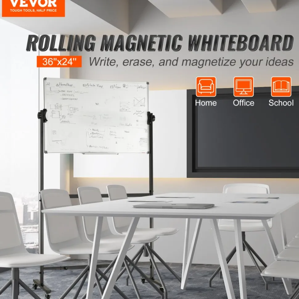 VEVOR Rolling Magnetic Whiteboard, Double-sided Mobile Whiteboard 36x24 Inches, Adjustable Height Dry Erase Board with Wheels, 1 Magnetic Erase & 3 Dry Erase Markers & Movable Tray Office, School