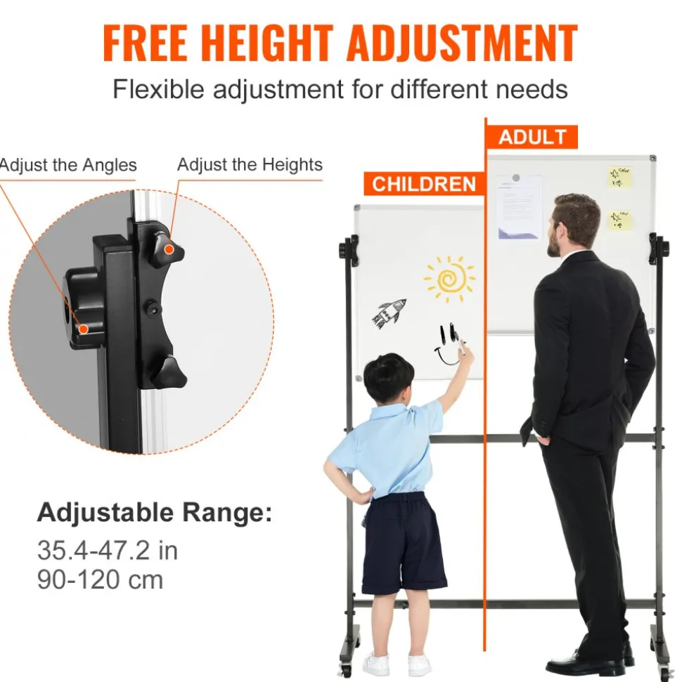 VEVOR Rolling Magnetic Whiteboard, Double-sided Mobile Whiteboard 36x24 Inches, Adjustable Height Dry Erase Board with Wheels, 1 Magnetic Erase & 3 Dry Erase Markers & Movable Tray Office, School