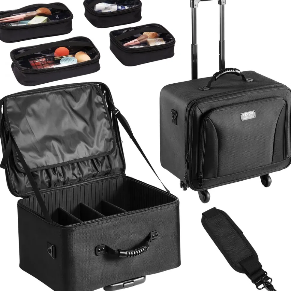 VEVOR Rolling Makeup Train Case Large Storage 3 Tiers, Convenient Carry With Handle, Wheels, Strap, Professional Makeup Storage Organizer Box Make Up Carrier Waterproof Oxford, Black