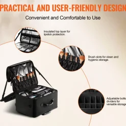 VEVOR Rolling Makeup Train Case Large Storage 3 Tiers, Convenient Carry With Handle, Wheels, Strap, Professional Makeup Storage Organizer Box Make Up Carrier Waterproof Oxford, Black