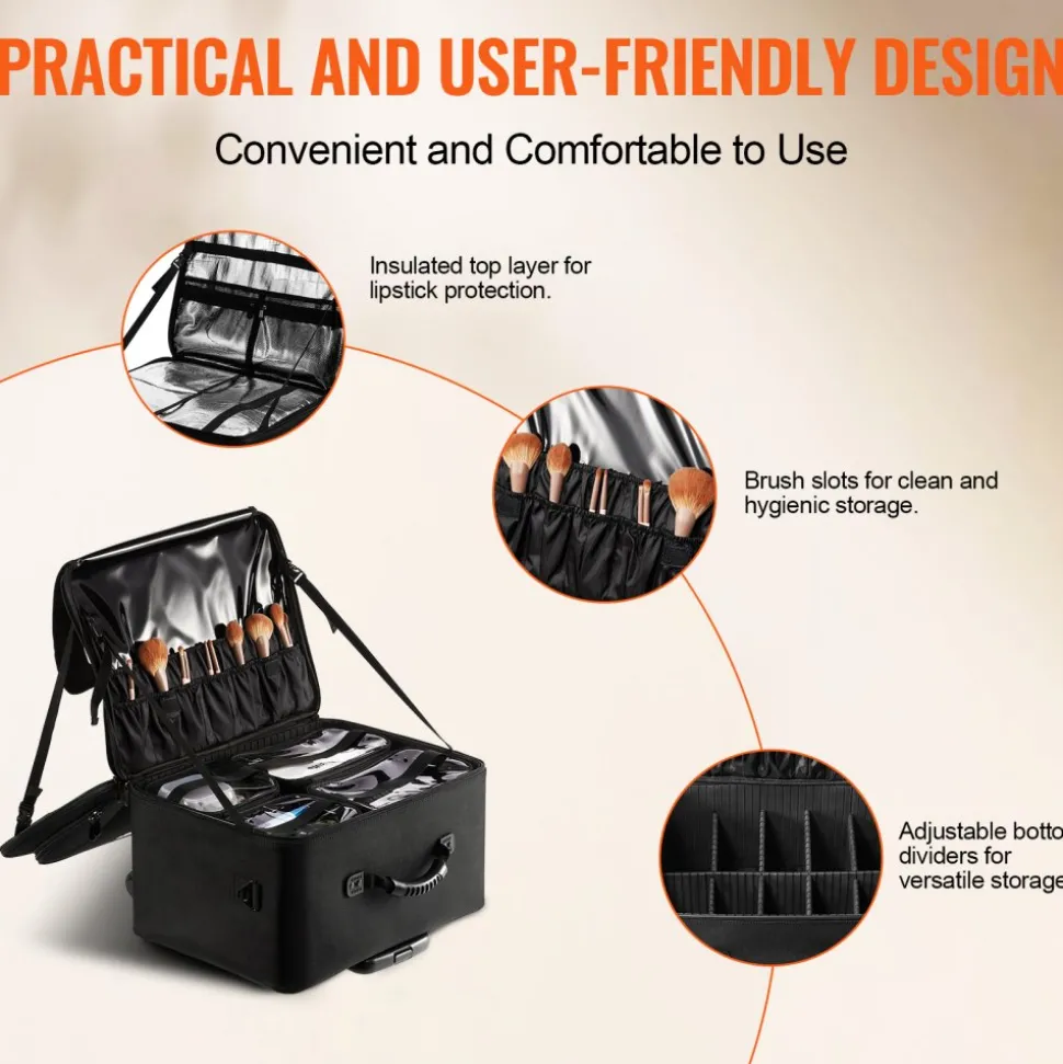 VEVOR Rolling Makeup Train Case Large Storage 3 Tiers, Convenient Carry With Handle, Wheels, Strap, Professional Makeup Storage Organizer Box Make Up Carrier Waterproof Oxford, Black