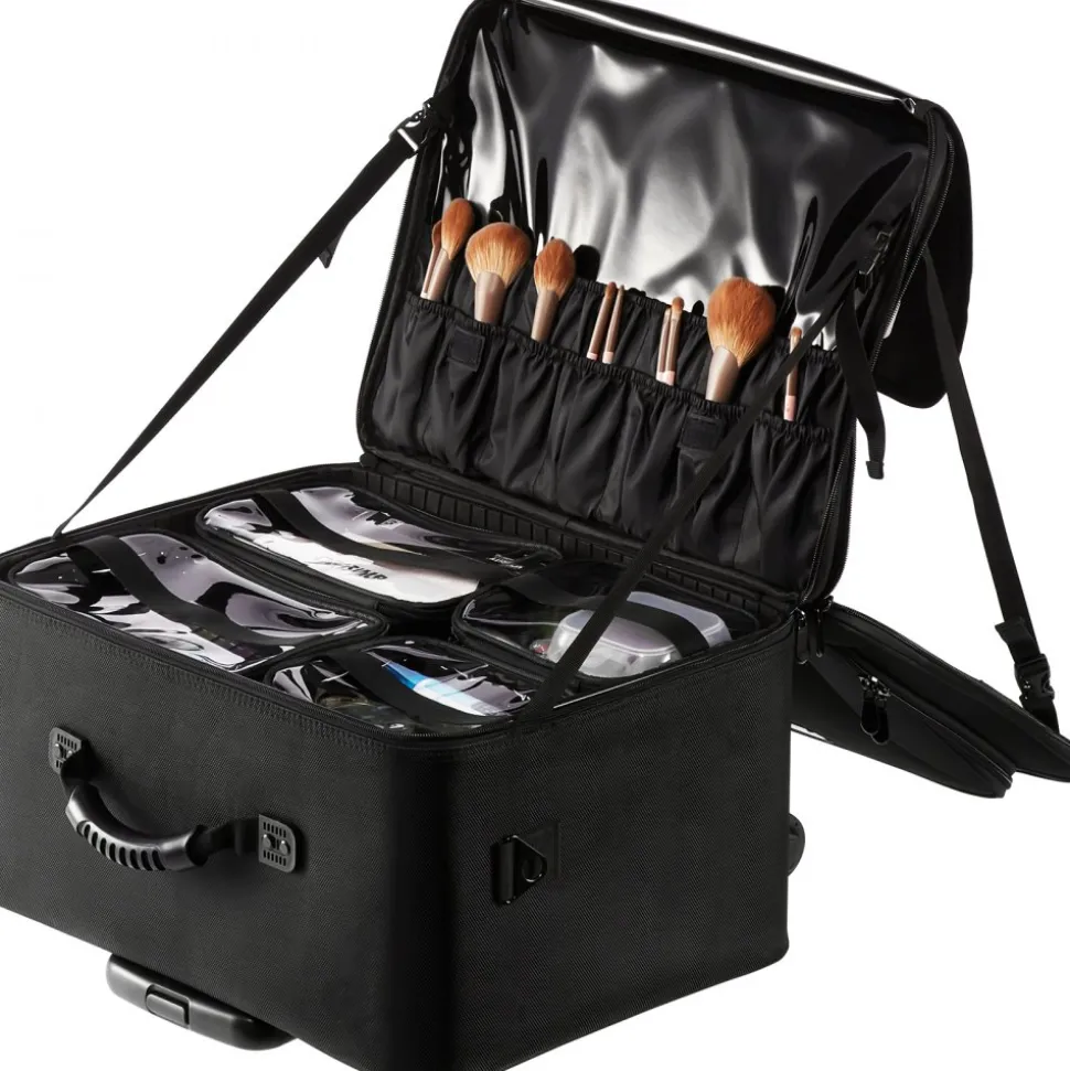 VEVOR Rolling Makeup Train Case Large Storage 3 Tiers, Convenient Carry With Handle, Wheels, Strap, Professional Makeup Storage Organizer Box Make Up Carrier Waterproof Oxford, Black