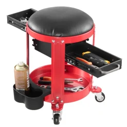 VEVOR Rolling Mechanic Stool with Wheels, 300 lbs Capacity Garage Seat/Work Stool, Padded Roller Creeper Seat with Fixed Height, Tool Tray and 2 Drawers, for Garage, Shop & Auto Repair, Red+Black