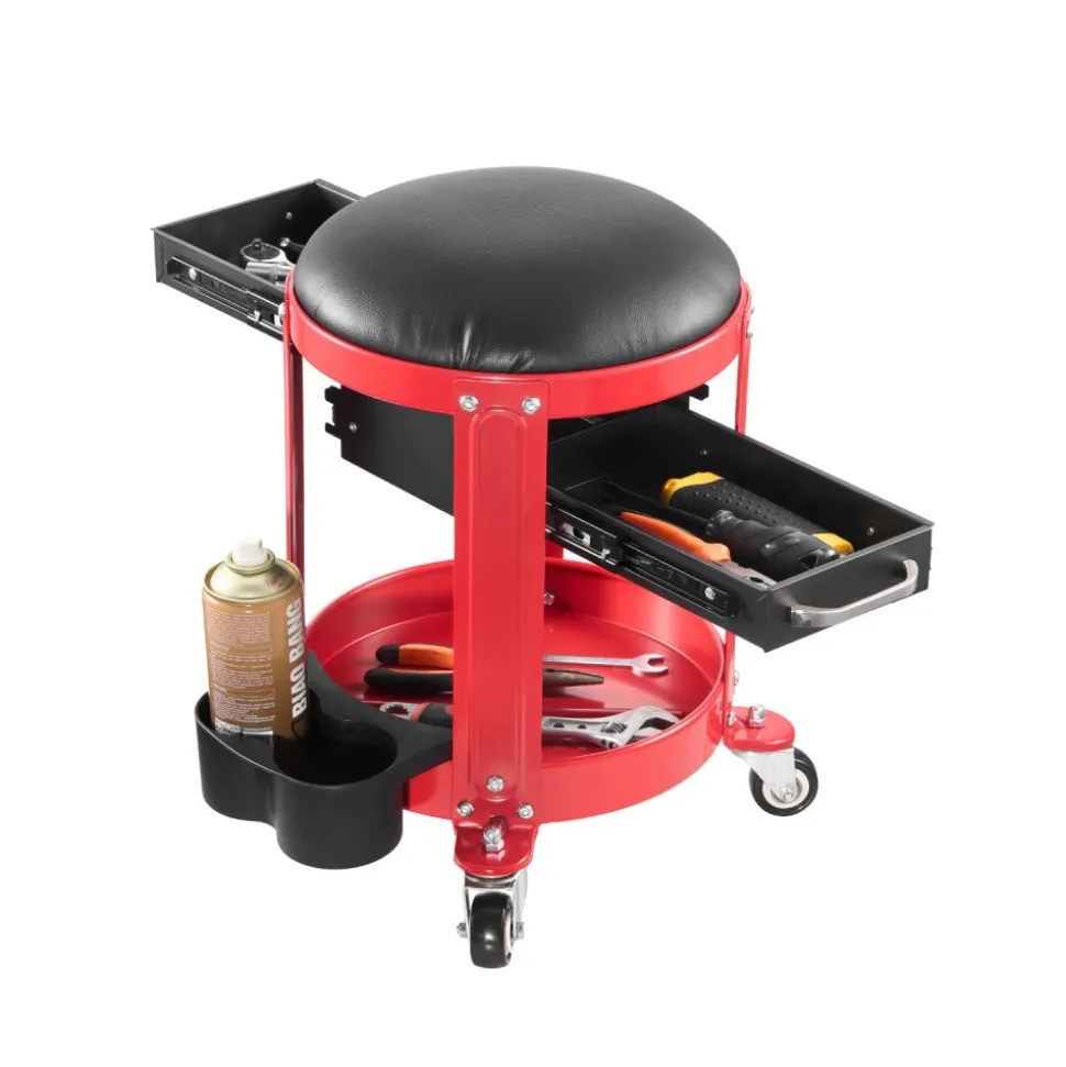 VEVOR Rolling Mechanic Stool with Wheels, 300 lbs Capacity Garage Seat/Work Stool, Padded Roller Creeper Seat with Fixed Height, Tool Tray and 2 Drawers, for Garage, Shop & Auto Repair, Red+Black