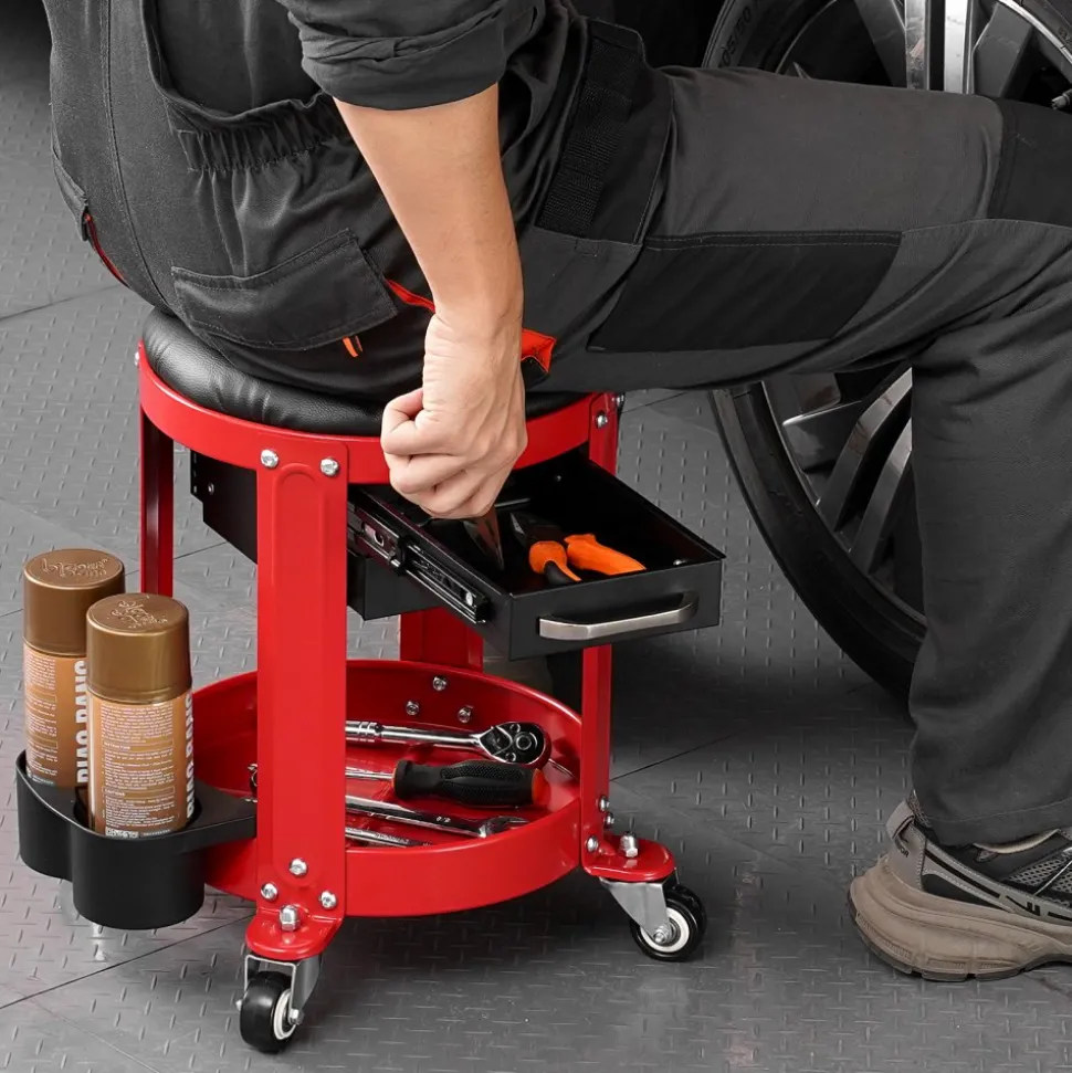 VEVOR Rolling Mechanic Stool with Wheels, 300 lbs Capacity Garage Seat/Work Stool, Padded Roller Creeper Seat with Fixed Height, Tool Tray and 2 Drawers, for Garage, Shop & Auto Repair, Red+Black