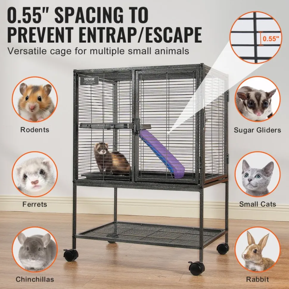VEVOR 34" Rolling Metal Ferret Cage, Large 2-Tier Cage, Small Animal Cage with Ramps & Tray, Easy to Set up for Pet Rats, Hamster, Guinea Pig, Chinchilla, Squirrel, Hedgehogs, Bunny
