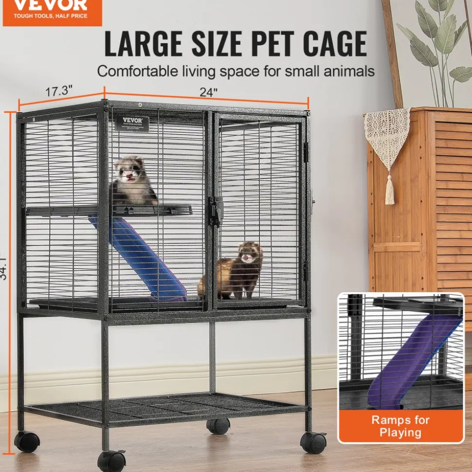 VEVOR 34" Rolling Metal Ferret Cage, Large 2-Tier Cage, Small Animal Cage with Ramps & Tray, Easy to Set up for Pet Rats, Hamster, Guinea Pig, Chinchilla, Squirrel, Hedgehogs, Bunny