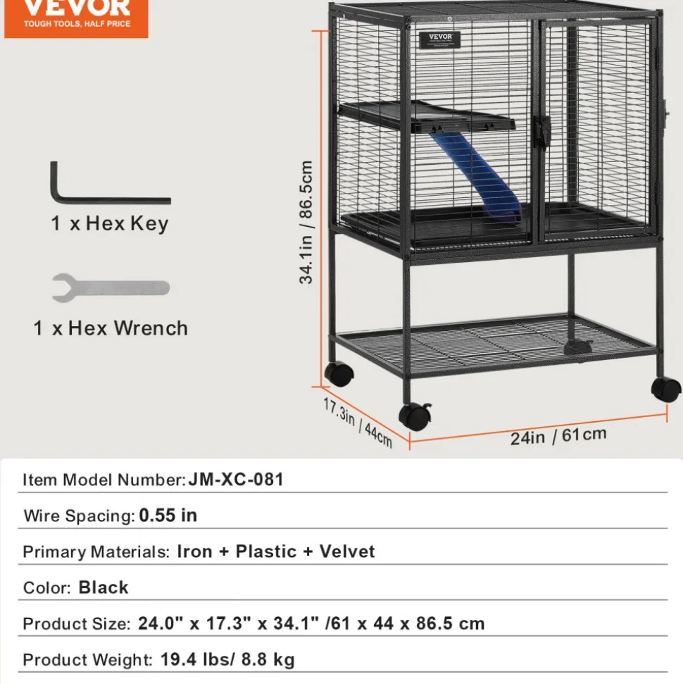 VEVOR 34" Rolling Metal Ferret Cage, Large 2-Tier Cage, Small Animal Cage with Ramps & Tray, Easy to Set up for Pet Rats, Hamster, Guinea Pig, Chinchilla, Squirrel, Hedgehogs, Bunny