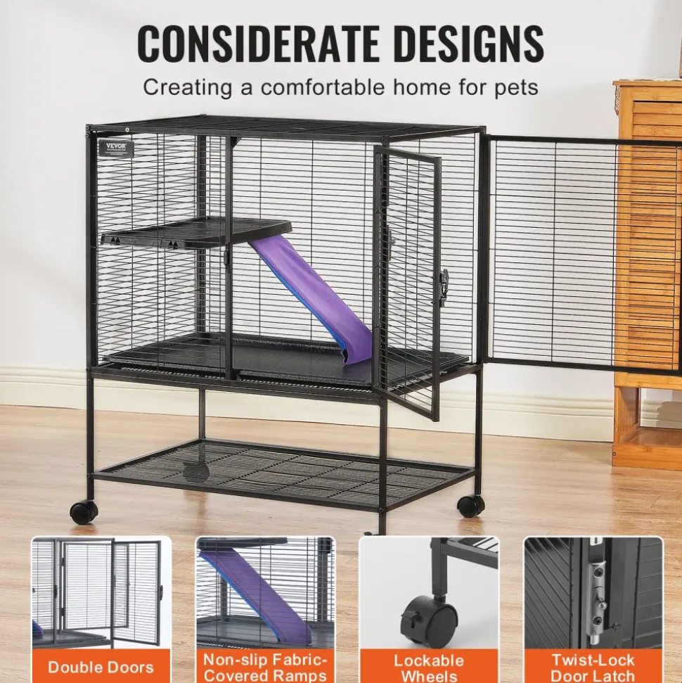 VEVOR 34" Rolling Metal Ferret Cage, Large 2-Tier Cage, Small Animal Cage with Ramps & Tray, Easy to Set up for Pet Rats, Hamster, Guinea Pig, Chinchilla, Squirrel, Hedgehogs, Bunny