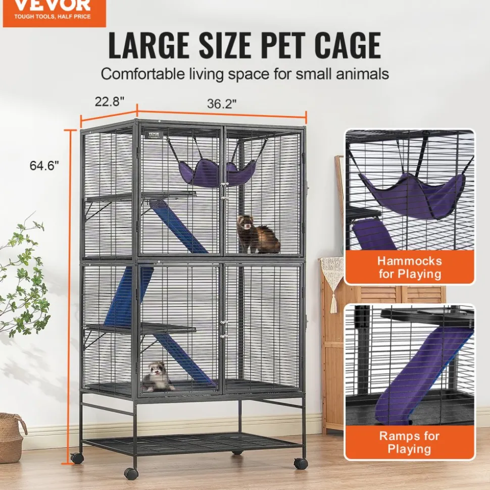 VEVOR 64.6" Rolling Metal Ferret Cage, Large 4-Tier Cage, Small Animal Cage with Ramps & Tray, Easy to Set up for Pet Rats, Hamster, Guinea Pig, Chinchilla, Squirrel, Hedgehogs, Bunny