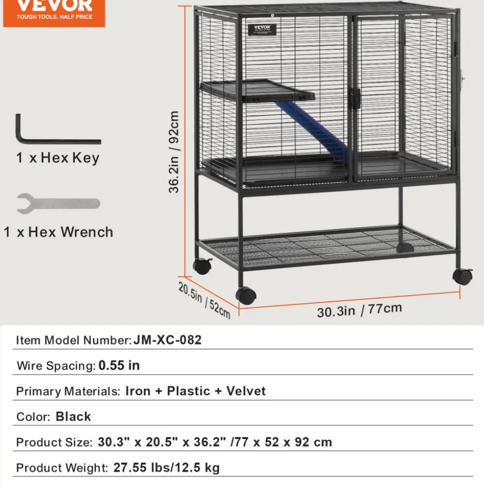 VEVOR 36" Rolling Metal Ferret Cage, Large 2-Tier Cage, Small Animal Cage with Ramps & Tray, Easy to Set up for Pet Rats, Hamster, Guinea Pig, Chinchilla, Squirrel, Hedgehogs, Bunny