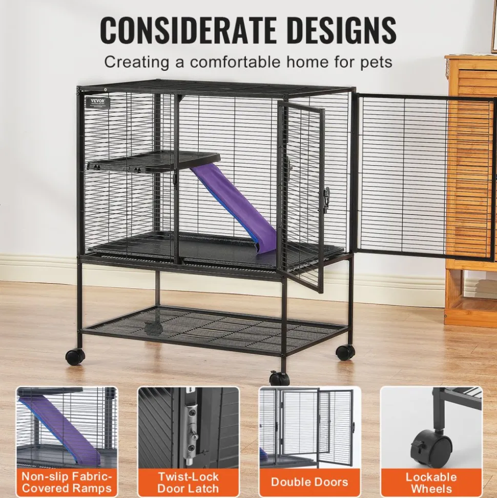 VEVOR 36" Rolling Metal Ferret Cage, Large 2-Tier Cage, Small Animal Cage with Ramps & Tray, Easy to Set up for Pet Rats, Hamster, Guinea Pig, Chinchilla, Squirrel, Hedgehogs, Bunny