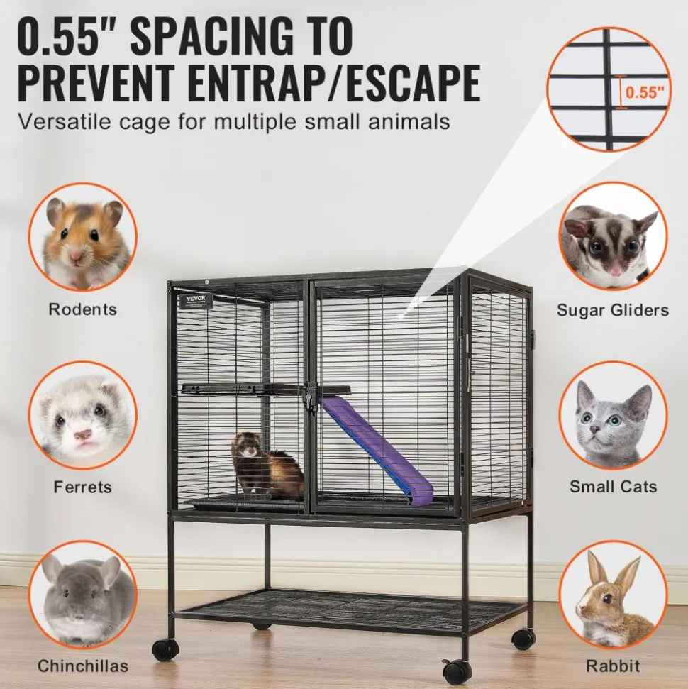 VEVOR 36" Rolling Metal Ferret Cage, Large 2-Tier Cage, Small Animal Cage with Ramps & Tray, Easy to Set up for Pet Rats, Hamster, Guinea Pig, Chinchilla, Squirrel, Hedgehogs, Bunny