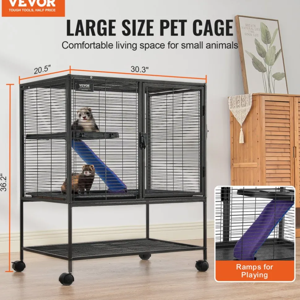 VEVOR 36" Rolling Metal Ferret Cage, Large 2-Tier Cage, Small Animal Cage with Ramps & Tray, Easy to Set up for Pet Rats, Hamster, Guinea Pig, Chinchilla, Squirrel, Hedgehogs, Bunny