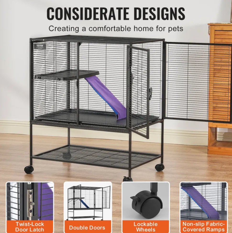 VEVOR 39" Rolling Metal Ferret Cage, Large 2-Tier Cage, Small Animal Cage with Ramps & Tray, Easy to Set up for Pet Rats, Hamster, Guinea Pig, Chinchilla, Squirrel, Hedgehogs, Bunny